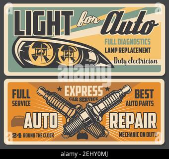 Car service auto light lamps diagnostic and replacement, spark plugs change. Vector retro posters of automotive mechanic restoration and garage statio Stock Vector
