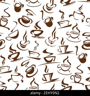 Hot coffee seamless pattern of steaming energetic beverages. Cups on saucer with steam silhouettes in endless texture. Latte and americano, espresso a Stock Vector