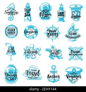 Nautical and marine icons with lettering, heraldry. Vector seahorse and lighthouse, diving and captain sailor, compass and lifebuoy. Steering wheel an Stock Vector