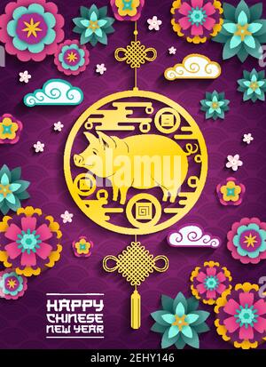 Happy Chinese New Year papercut golden pig ornament. Vector greeting card of Chinese astrology pig year on purple flowers and clouds pattern in tradit Stock Vector