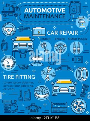 Repair car service poster with vehicle and auto parts, piston and engine with spark plugs. Automotive maintenance garage station and tire fitting. Whe Stock Vector