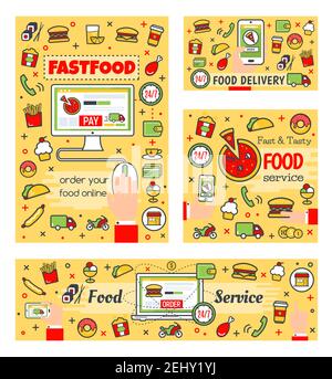 Fast food online order, delivery and payment. Buy meals through computer or laptop vector takeaway food services. Burger and french fries, cupcake and Stock Vector