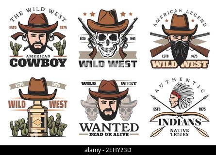 Wild West or Western icons with cowboy in hat and gun. Revolver or pistol and skull, man in bandana and whiskey bottle. Cactus and nativa American or Stock Vector