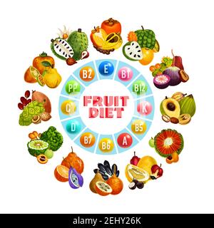 Fruit vitamins and healthy food, diet or dietary nutrition. Vector soursop and sugar apple, noni and marang, persimmon and tangelo. Longkong and quinc Stock Vector