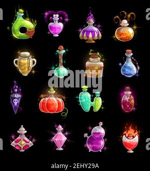 Halloween witch potion vector bottles. Magic poison colorful liquid in glass jars and vials with corks, snake and skull, sparkles, smoke and fire flam Stock Vector