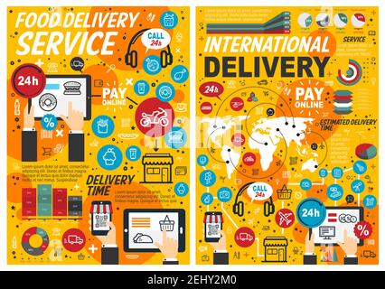 Food delivery services, online order and pay, estimated delivery time. Vector fast food, graphs and charts, computers and smartphones. Pizza and donut Stock Vector