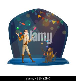 Circus jugglers, man and monkey, chapiteau show. Vector entertainment performers, human and animal throwing balls and skittles, arena in spotlight. Ar Stock Vector