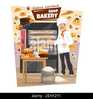 Baker and showcase, pastry food and bread, bakery stove. Vector loaf and baguette, cake and roll with jam, toast and donut. Croissant and waffles on t Stock Vector