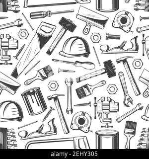 Building and construction tools seamless pattern. Vector saw and hammer, paint brush, helmet and screwdriver. Screw and nail, nut and file, roller and Stock Vector