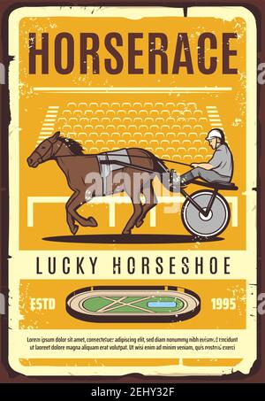 Harness racing equestrian sport, retro vector poster of trotter horse or racehorse with driving harness, sulky cart and jockey on hippodrome track. Ho Stock Vector