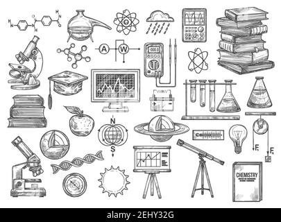 Science equipment, chemistry and biotechnology tools, vector experiments and tests sketch icons. Atoms and molecules, dna structure, laboratory glassw Stock Vector