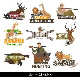 Hunting club badges, African safari hunt adventure and trophy animals icons. Vector hunter with rifle gun and traps, savanna lion or zebra and giraffe Stock Vector