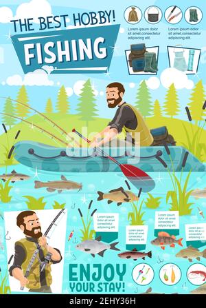 Fisherman, fishing boat and fish catch, tackle and sport equipments. Fishing rod, hook and lure, salmon, bass and trout, carp, perch and pike, bait, r Stock Vector