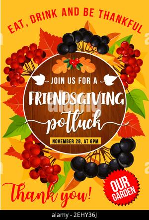 Friendsgiving potluck dinner, Thanksgiving holiday autumn leaves and fruits frame. Vector orange and yellow foliage with rowan berry and chokeberry br Stock Vector