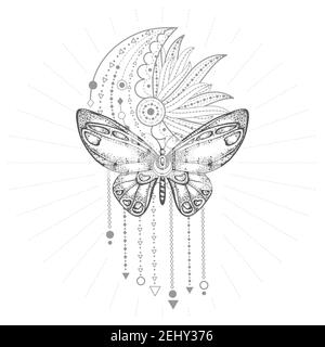 Vector illustration with hand drawn butterfly and Sacred geometric symbol on white background. Abstract mystic sign. Black linear shape. For you desig Stock Vector
