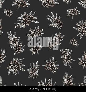 Vector seamless pattern with hand drawn gold flowers. Floral black backgrounds. Stock Vector