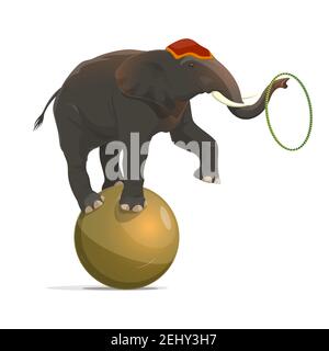 Circus elephant balancing on ball and juggling hoop on trunk with raised leg. Vector isolated circus animal equilibrist performance Stock Vector