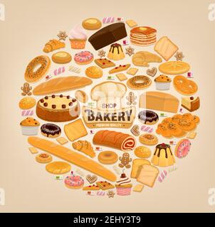 Bakery desserts, pastry and bread. Vector bakery shop sweet donut, chocolate pie or tiramisu torte and cupcake, wheat bagel or pretzel and rye bun wit Stock Vector