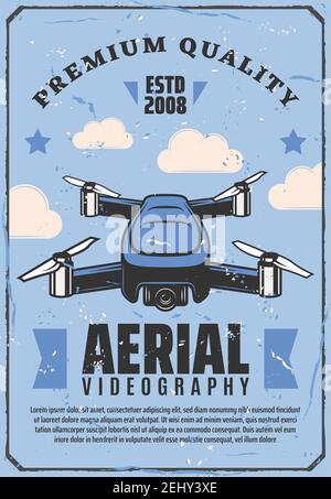 Drone and aerial videography poster. Vector smart device quadcopter or quadrotor helicopter with video camera for air shooting or photographing Stock Vector