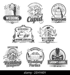 Wedding ceremony and marriage vector icons. Love heart, gift and cake, bride dress and groom bow, bridal bouquet, church and rings, dove, cupid arrows Stock Vector