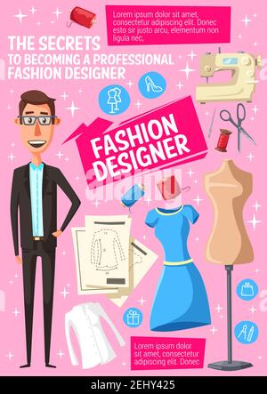 Fashion designer, tailor or dressmaker cartoon man with mannequin, dress and sewing machine. Vector thread, needle and scissors, clothing pattern and Stock Vector