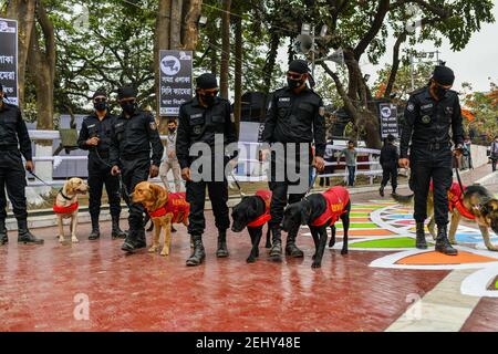 February 20, 2021, Dhaka, Dhaka, Bangladesh: RAB dog squad are standing in front of Central Shaheed Minar in the capital as part of stepped-up security measures ahead of International Mother Language Day and Shaheed Dibosh in Dhaka, Bangladesh on February 20, 2021. (Credit Image: © Zabed Hasnain Chowdhury/ZUMA Wire) Stock Photo