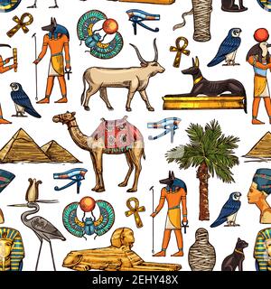Egypt travel destination and religion symbols seamless pattern, Egyptian Gods. Nefertiti and Ra, Anubis and pyramids, mummy and sphinx. Vector Pharaoh Stock Vector