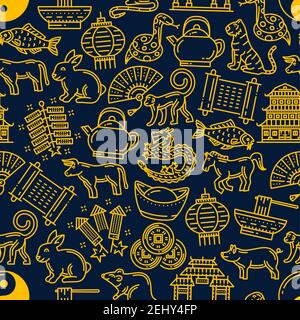 Chinese lunar calendar horoscope animals and Asian New Year holiday symbols seamless pattern background. Vector dragon, pig and lucky coin, firecracke Stock Vector