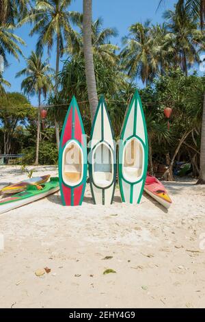 Kayaks and canoes on the island May Rut in Kien Giang, Vietnam Stock Photo