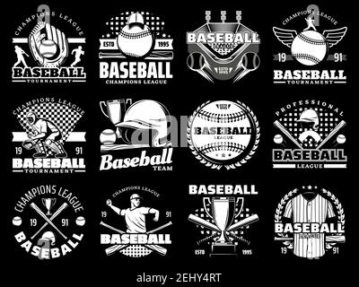 Baseball sport game monochrome icons, sporting items. Vector glove and ball, stadium and player, helmet and bat, trophy cup and uniform. Tournament or Stock Vector