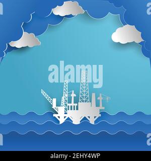 drilling rig for oil production platform in offshore paper art. vector illustration Stock Vector