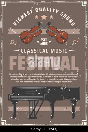 Musical festival retro poster with musical instruments to perform classic concert. Piano and violin for performance on art event vintage invitation. S Stock Vector