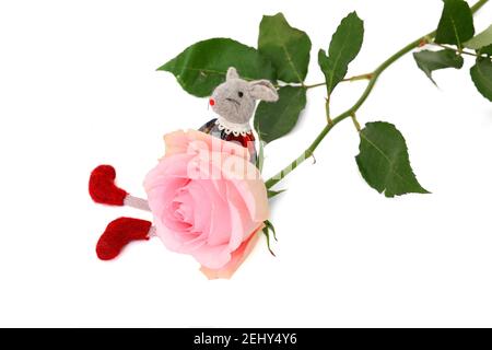 Lovely pink rose and felt toy mouse on white background Stock Photo