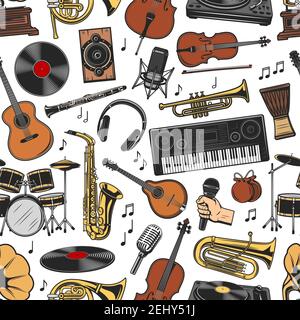 Musical instruments seamless pattern. Vector vinyl and speaker, microphone and flute, violin with bow and guitar, saxophone and drum, synthesizer and Stock Vector