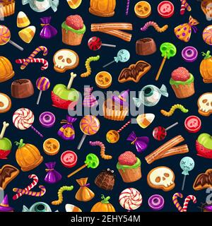 Happy Halloween treats seamless pattern, candies and sweets, cupcakes and jellies or lollipops. Vector brain and worm, skull and cane, bat and eyeball Stock Vector