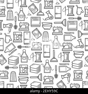 Home appliances and household kitchen utensils seamless pattern. Vector thin line cooking stove and apron, needlework sewing machine thread and needle Stock Vector