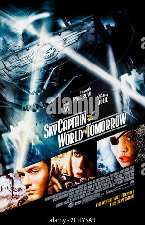 Sky Captain and the World of Tomorrow (2004) directed by Kerry Conran and starring Gwyneth Paltrow, Jude Law and Angelina Jolie. A reporter and pilot try to discover the origin of flying robots attacking New York City.