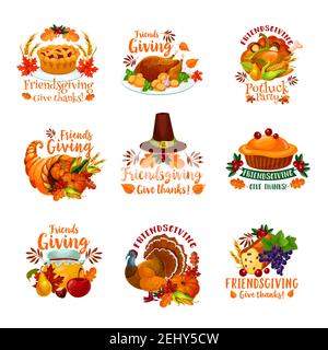 Thanksgiving Day and Friendsgiving potluck dinner icons with autumn holiday meal. Vector roasted turkey, orange pumpkin vegetable and harvest cornucop Stock Vector