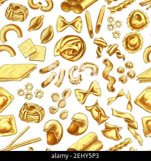 Pasta, Italian macaroni and spaghetti sketch seamless pattern. Food of Italy vector background with penne, farfalle and fusilli, conchiglie, fettuccin Stock Vector