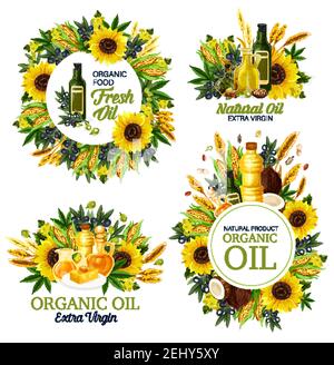 Natural oil, cooking dressing, olive and hemp, sunflower and corn, coconut and wheat spike, rapeseed. Healthy organic food, butter or margarine on pla Stock Vector