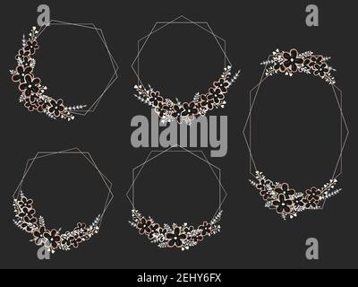 Vector set of frames with hand drawn flowers and floral elements. Decorative wreaths collection. Gold and black elements. Stock Vector