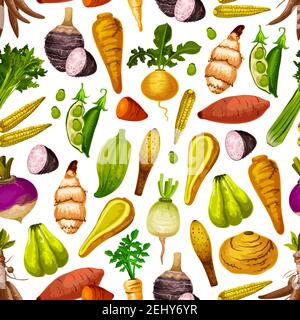 Exotic vegetable seamless pattern. Vector peas and baby corn, celery and sweet potato, turnip and radish, parsnip and taro. Arrakacha and swede, cassa Stock Vector