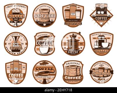 Coffee machine and pot, grinder icons. Vector latte and beans in sack, takeaway paper, glass cup and sugar, scoop and turk. Coffee brewing, cinnamon a Stock Vector