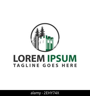 circle green trees and Castle Fortress logo vector design icon template Stock Vector