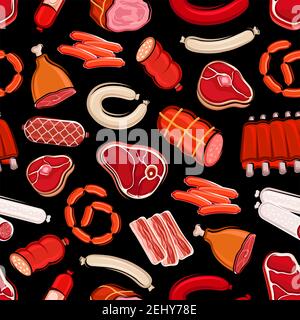 Sausages and meat seamless pattern. Vector butchery shop food, beef and pork, salami and tenderloin, fillet and pepperoni wursts. Chicken leg and fran Stock Vector