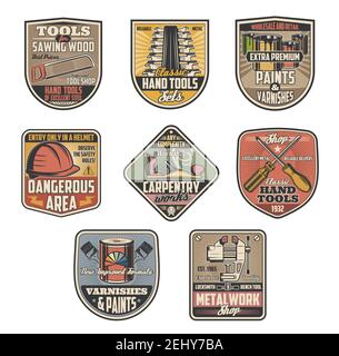 Carpentry and locksmith tools, vector retro icons . Vector saw and wrench, screw driver and bench tool, helmet, vice and sawing wood. Construction and Stock Vector