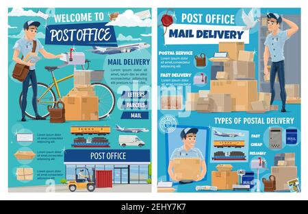 Post office, parcels and mail correspondence delivery. Vector post office and express delivery, cargo shipping and freight logistics, courier with new Stock Vector