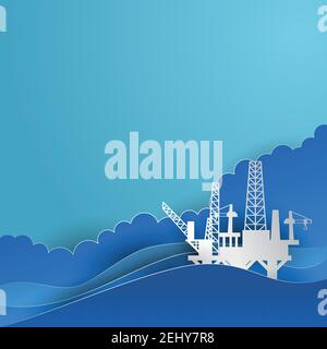 drilling rig for oil production platform in offshore paper art. vector illustration Stock Vector