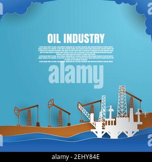 drilling rig for oil production platform in offshore paper art. vector illustration Stock Vector