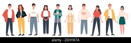Diverse people group standing together on isolated white background. Happy young men and women character set. Vector illustration Stock Vector